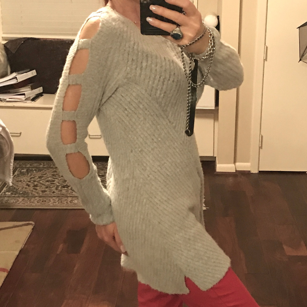 Knit Ladder Sleeve Textured Tunic Long Sweater